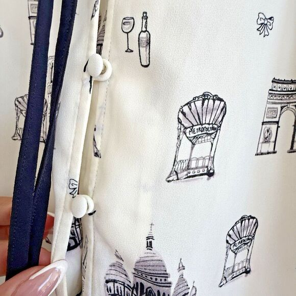 Talbots White and Black Paris Pop Over Top women Size S Button tie Quiet Luxury - Picture 6 of 10